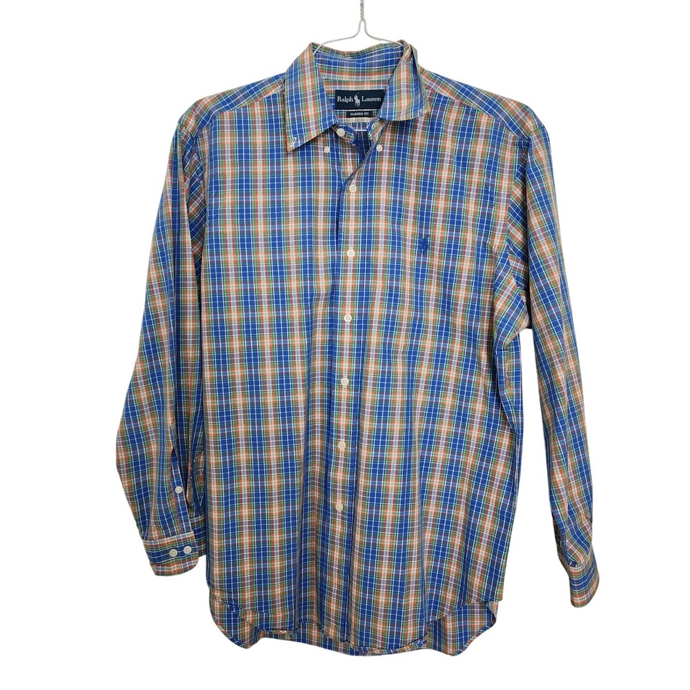 Ralph Lauren Mens Classic Fit Plaid Button Down Shirt Blue Orange 16 32/33